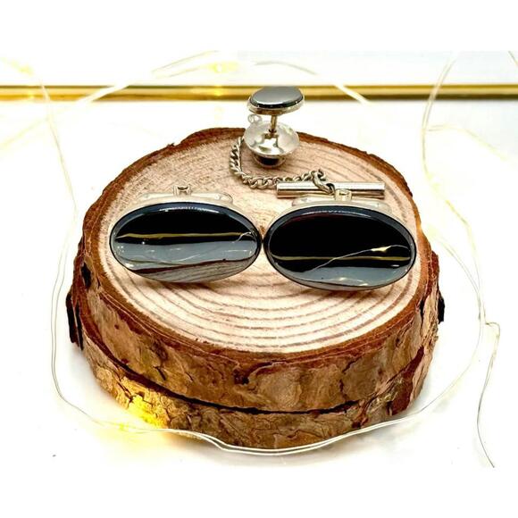 Other - Vintage Hematite Cufflinks & Tie Tack Set – Oval Silver Tone, Black Cabochons